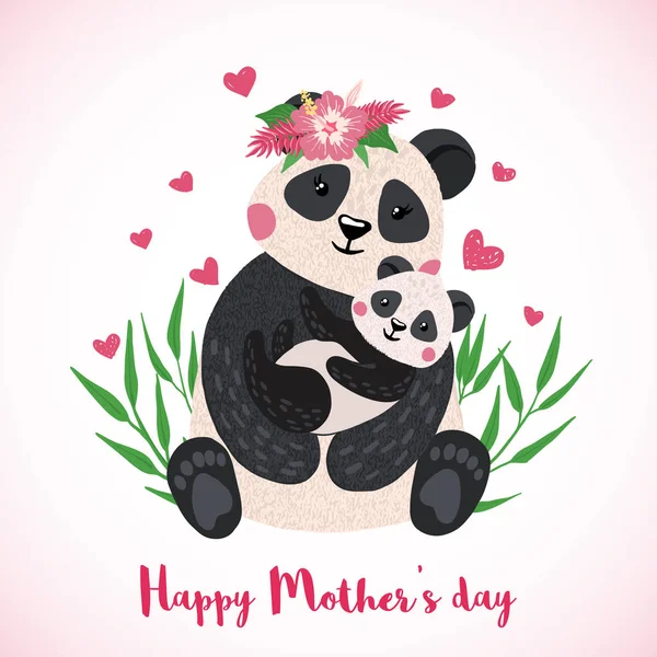 Mãe feliz cartão de dia com pandas bonitos . —  Vetores de Stock