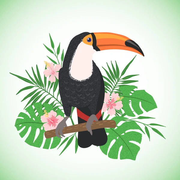 Uccello carino toucan su uno sfondo floreale . — Vettoriale Stock