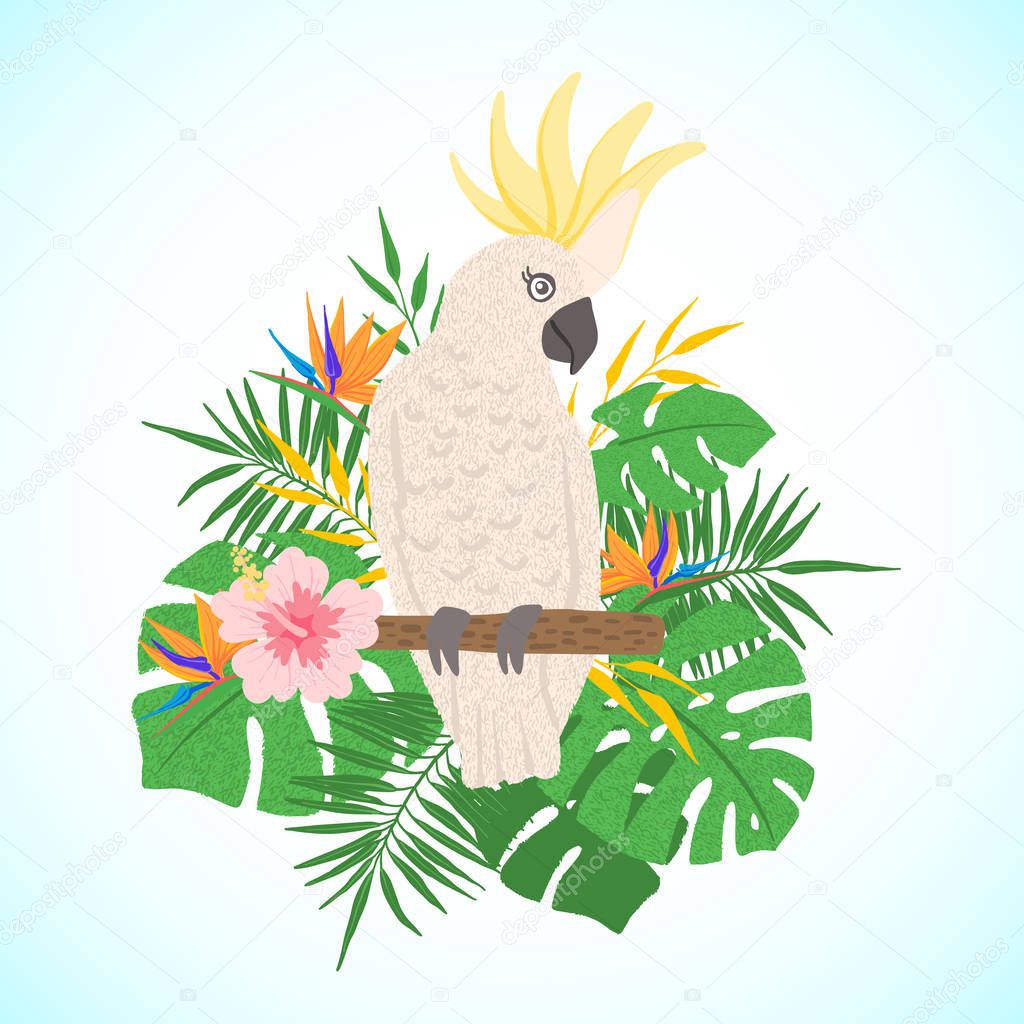 Cute parrot cockatoo on a floral background.