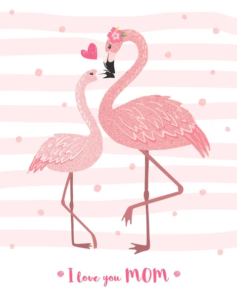 Süße rosa Flamingo-Mama mit ihrem Baby. — Stockvektor