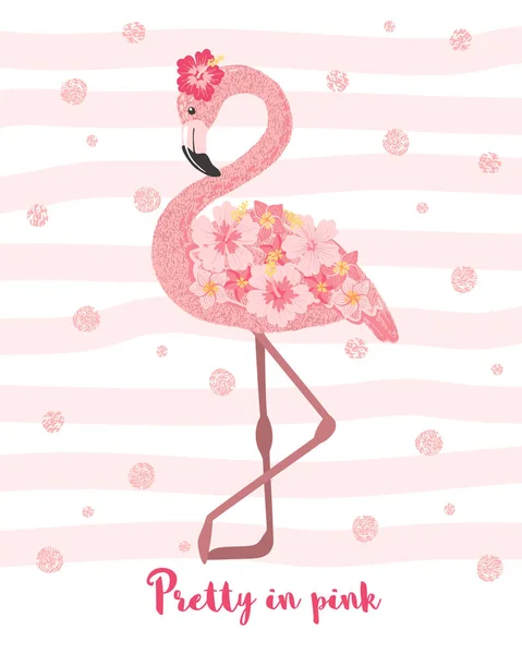 Flamingo rosa bonito desenhado à mão com flores . — Vetor de Stock