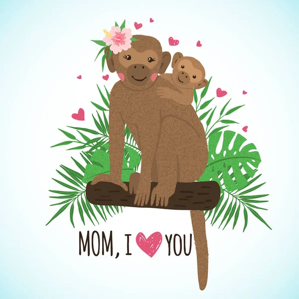 Cute monkey mom with baby on tropical background. — Stock Vector