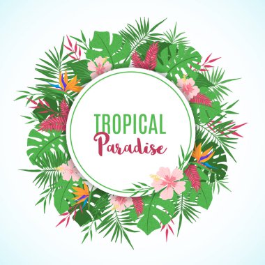 Egzotik tropikal yaprakları ve çiçekler ile çerçeve.