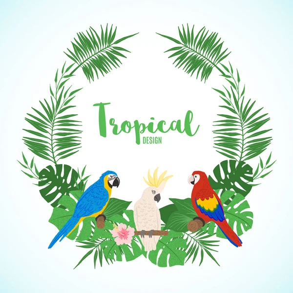 Cornice esotica con foglie tropicali e uccelli . — Vettoriale Stock