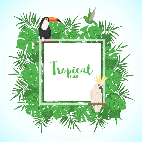 Quadro tropical com folhas exóticas e pássaros . — Vetor de Stock