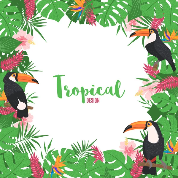 Cadre tropical aux feuilles exotiques et oiseau toucan . — Image vectorielle