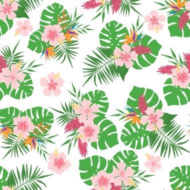 Tropik yapraklar ve çiçeklerle kusursuz desen.