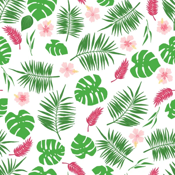 Tropical seamless pattern with exotic leaves and flowers. — Stock Vector