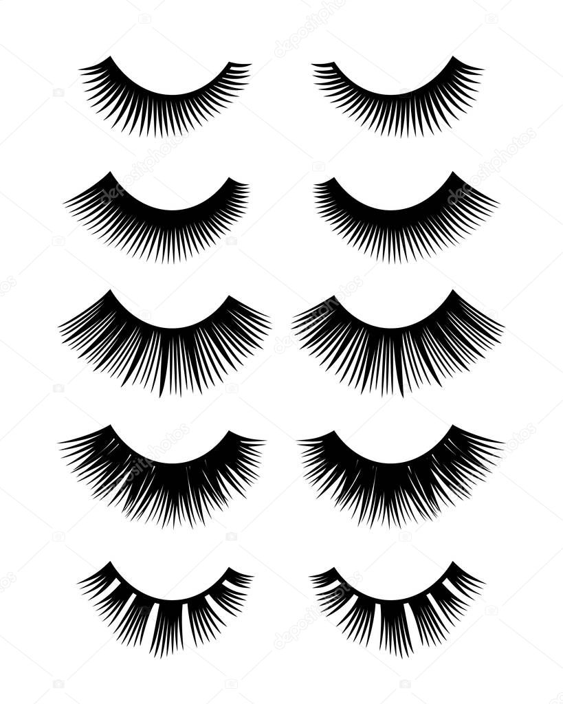 Black Eyelashes set isolated on white background,