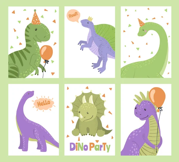 Ensemble de cartes de fête avec dinosaures de bande dessinée . — Image vectorielle