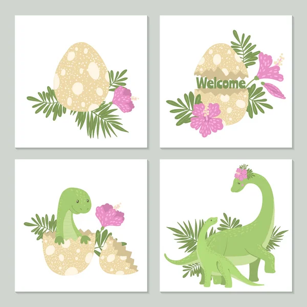 Śliczne karty z dinozaurami i jajkiem. — Wektor stockowy