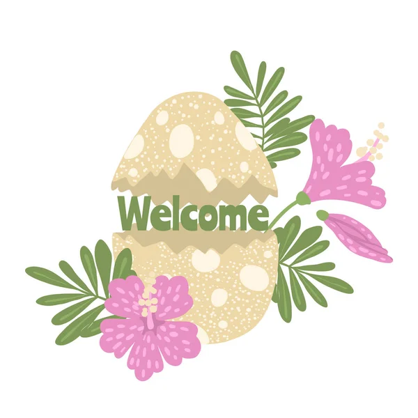 Χαριτωμένο καρτούν Ροκς αυγό δεινόσαυρος με λουλούδια. — Διανυσματικό Αρχείο