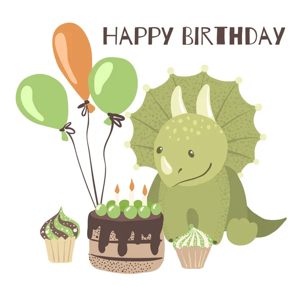 Tarjeta de cumpleaños feliz con dinosaurio de dibujos animados lindo . — Archivo Imágenes Vectoriales