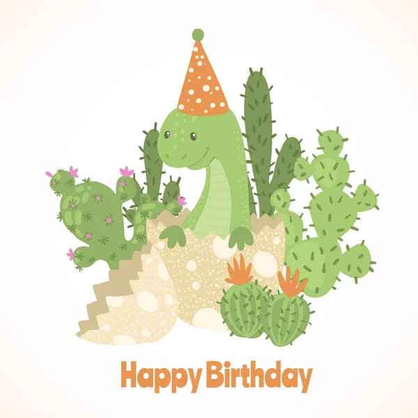 Cute cartoon happy birthday card with dinosaur. — Stock Vector