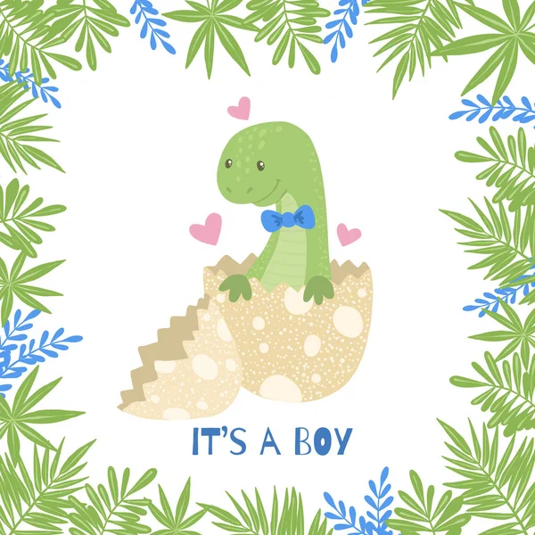 Carino cartone animato baby shower card con dinosauro . — Vettoriale Stock
