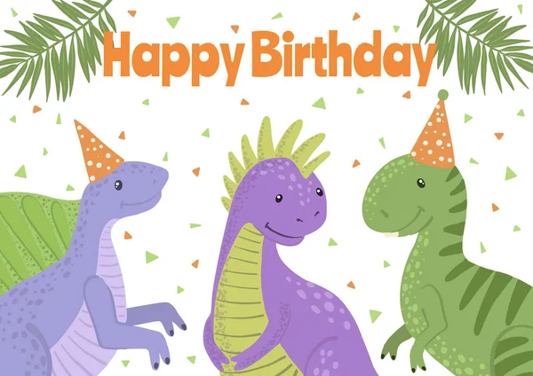 Carte vectorielle Joyeux Anniversaire avec de jolis dinosaures . — Image vectorielle