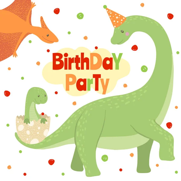 Sevimli dinozorlar ile Vektör Doğum Günü Partisi Davetiye. — Stok Vektör