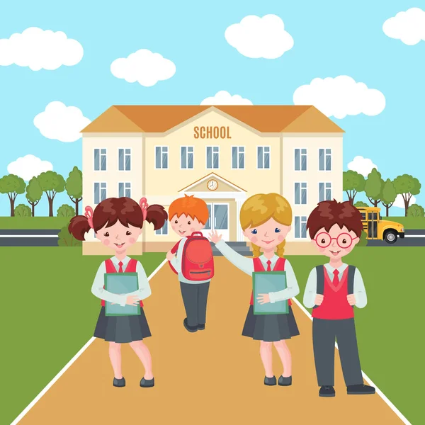 Vector Happy Kids op schoolgebouw achtergrond. — Stockvector