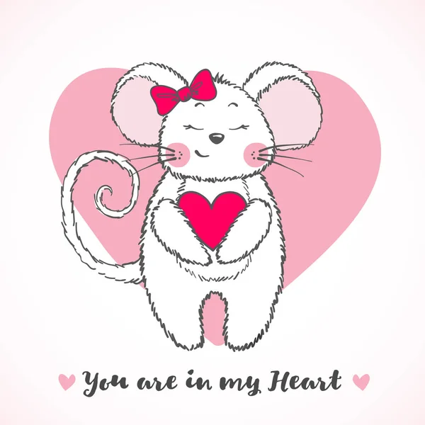 Valentine's Day greeting card with cute mouse. — Stock Vector