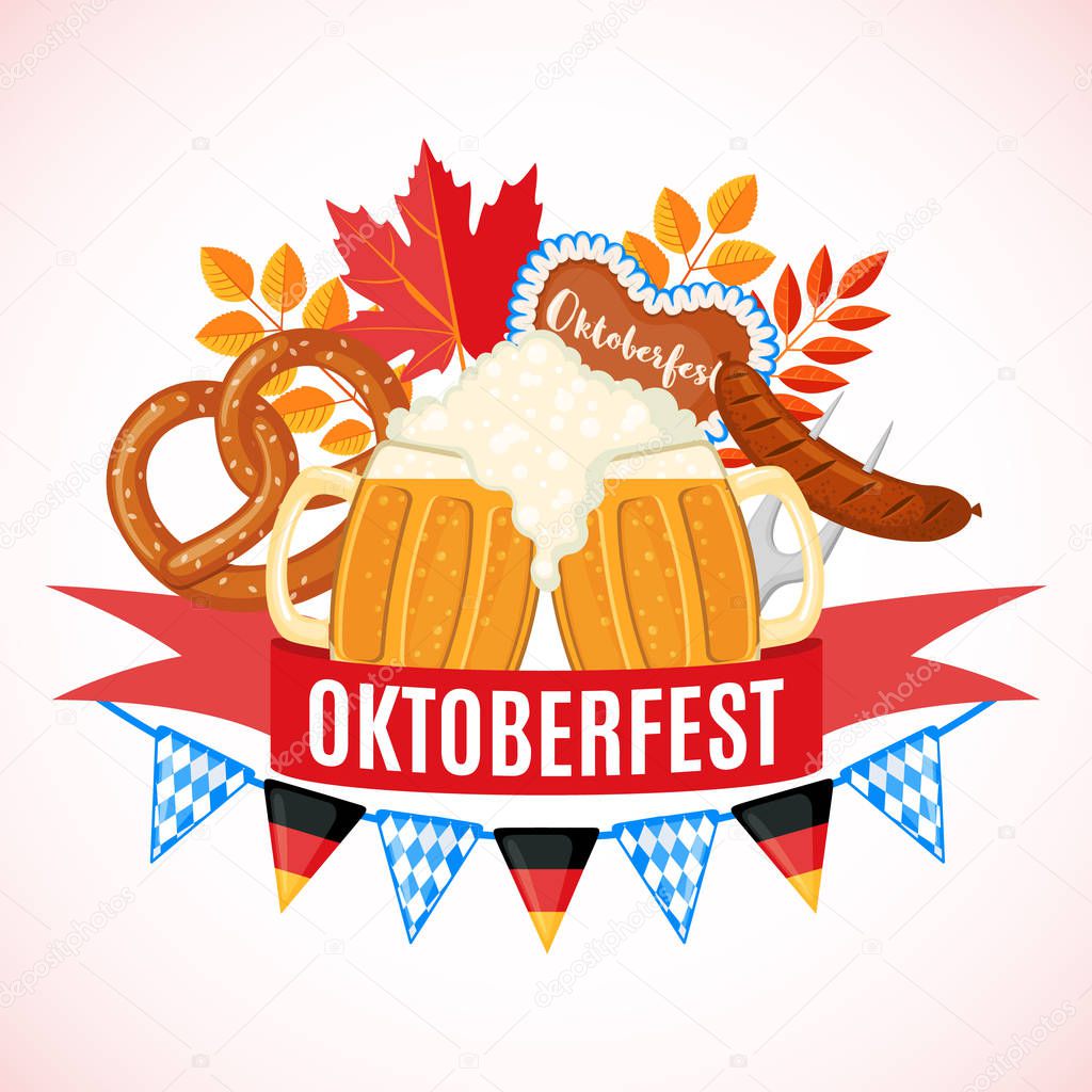 Oktoberfest beer festival elements in flat style isolated on white background. Design for posters, banners, web or cards. Vector illustration.