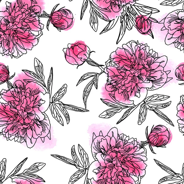 Seamless pattern with watercolor peonies isolated on white. — Stock Vector