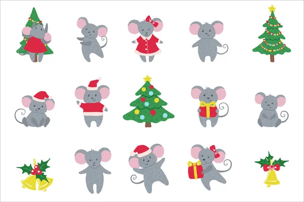 Set of cute hand drawn Mice and New Year symbols. — Stock Vector