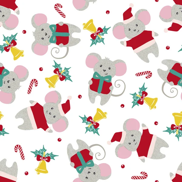 Noël ou Nouvel An modèle sans couture avec des souris mignonnes . — Image vectorielle