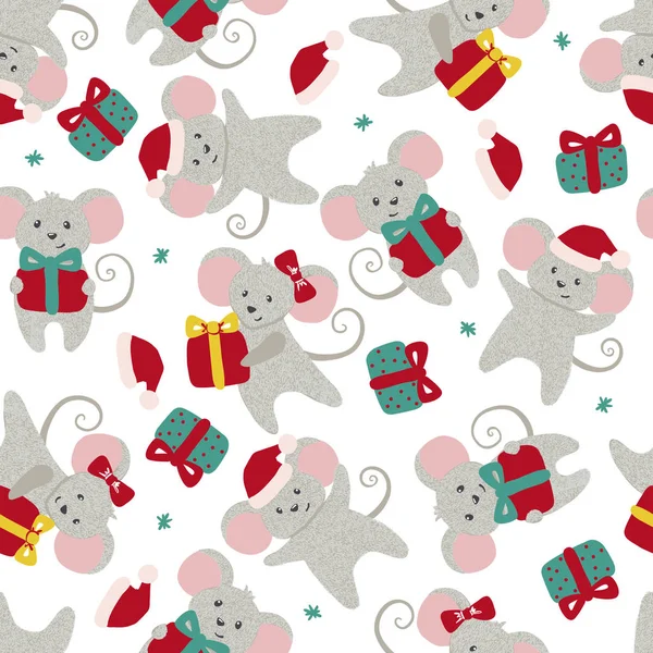 Weihnachten oder Neujahr nahtloses Muster mit niedlichen Mäusen. — Stockvektor