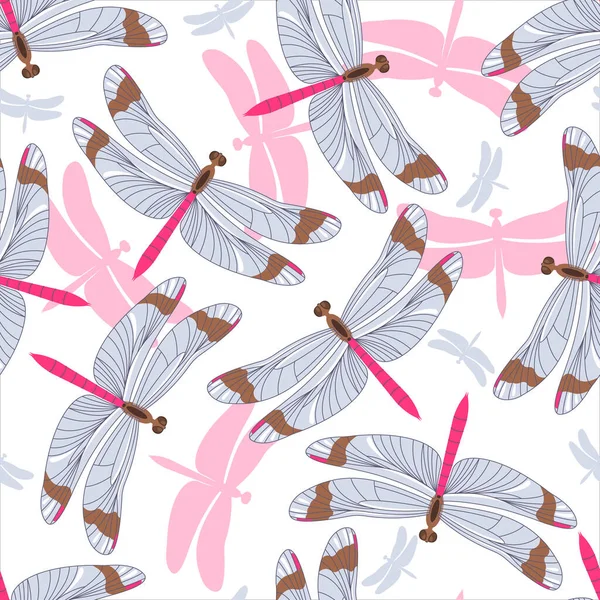 Naadloos patroon met libellen geïsoleerd op witte achtergrond. — Stockvector