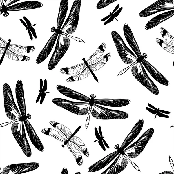 Padrão vetorial sem emenda de libélula preto e branco isolado no fundo branco . —  Vetores de Stock