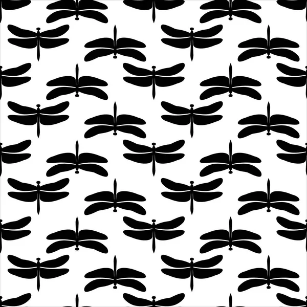 Black and white dragonfly seamless vector pattern isolated on white background. — Stock Vector