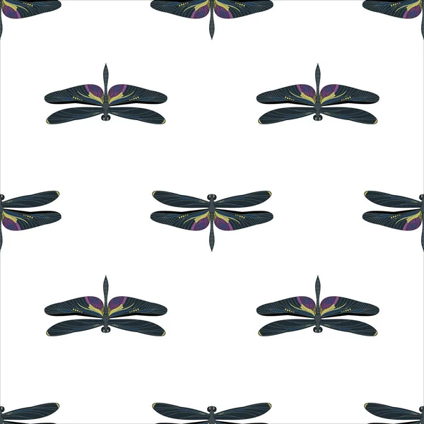 在白色背景上孤立的黑白蜻蜓无缝矢量图案. — 图库矢量图片