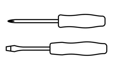 Beyaz arkaplanda izole edilmiş sanat tarzındaki tornavida simgeleri. İnşaat ve inşaat malzemeleri. Vektör illüstrasyonu.