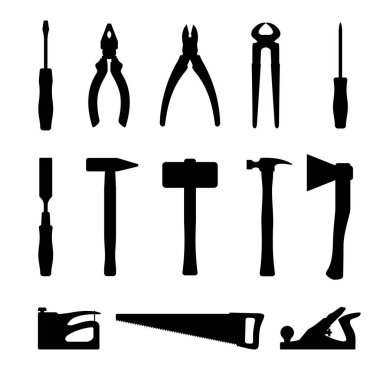 Marangoz aletleri siluetleri beyaz arka planda izole edilmiş düz bir şekilde ayarlandı. Vektör illüstrasyonu.