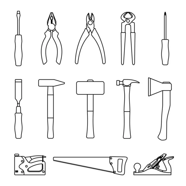 Herramientas Carpintero Icono Vectorial Conjunto Estilo Arte Línea Aislado Sobre — Archivo Imágenes Vectoriales