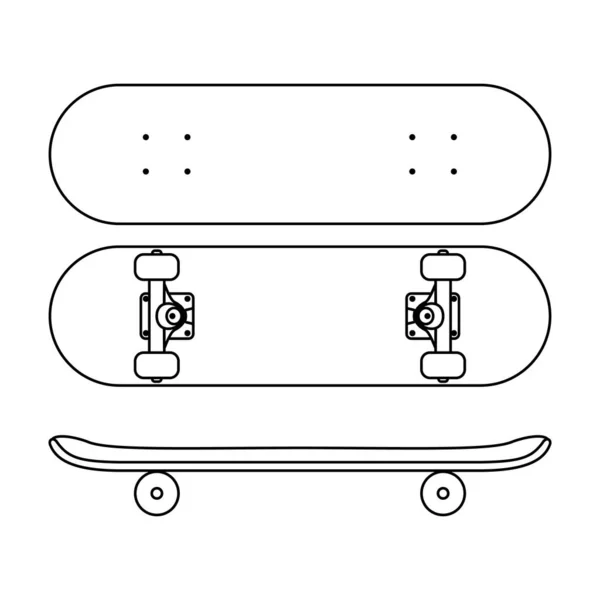 Skateboard Icoon Lijn Kunst Stijl Geïsoleerd Witte Achtergrond Boven Zijaanzicht — Stockvector