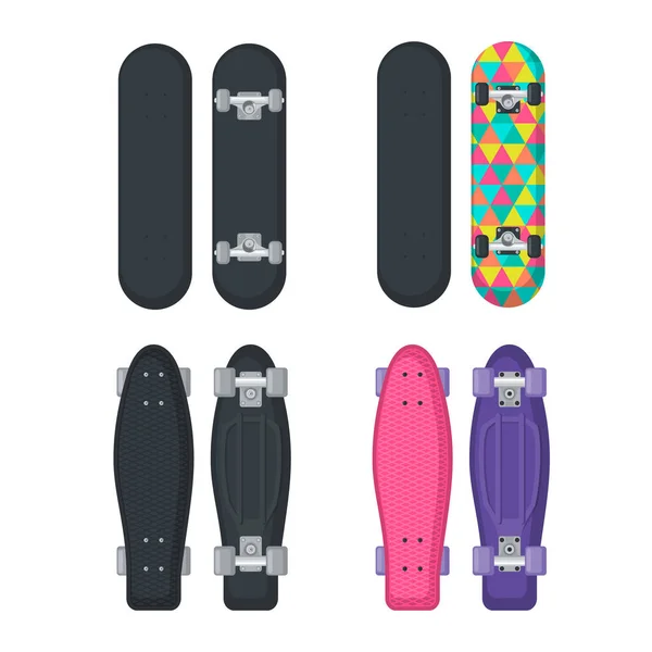 Set Skateboard Longboard Icons Flat Style Isolated White Background Extreme — Stock Vector