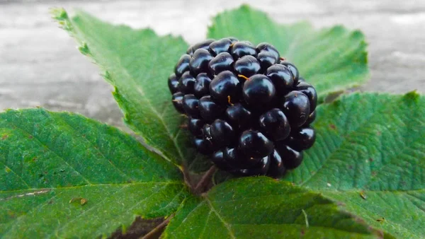 Delizioso Blackberry Con Foglie Uno Sfondo Legno — Foto Stock