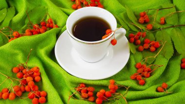 Yararlı ve lezzetli kırmızı dağ kül. Rowan içki ve yeşil bir eşarp.