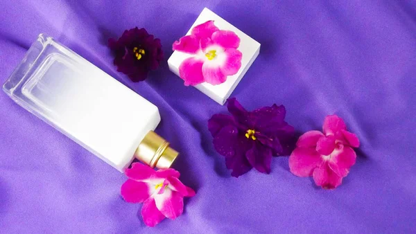 Perfumy Zapachu Kwiatów Fioletowym Tle — Zdjęcie stockowe