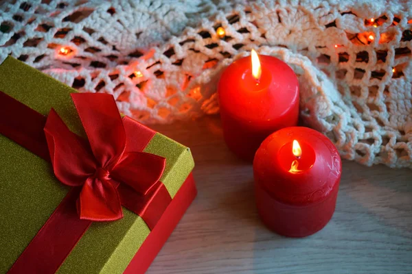 Kerst Kaarsen Gift Achtergrond Van Lichten — Stockfoto