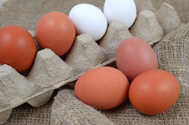 Çuval bezi üzerinde taze yumurta.