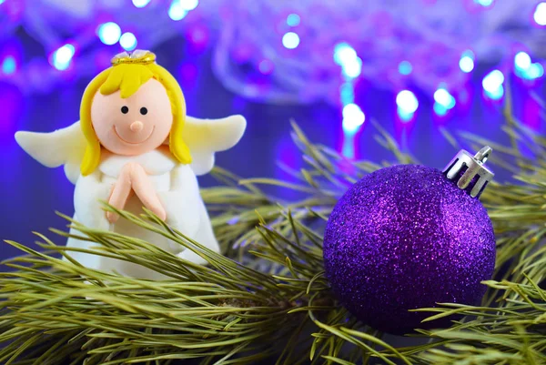 Angel Purple Ball Christmas Tree Christmas Card — Stock Photo, Image