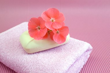 Kokulu çiçek pembe pembe havlu üzerinde.