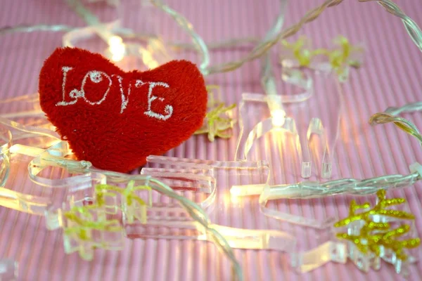 Valentine Day Red Heart Lights Garland Pink Background — Stock Photo, Image