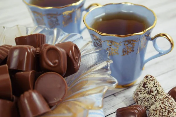 Fresh Flavored Tea Chocolates Wooden Background — Stock Photo, Image