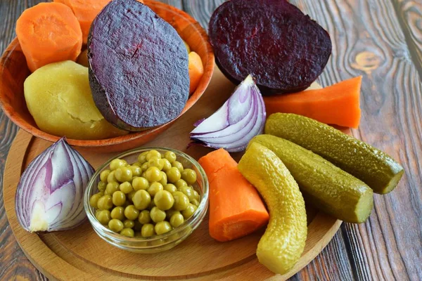 Ingrediënten Voor Salade Een Houten Board Vegetarian Voedsel — Stockfoto