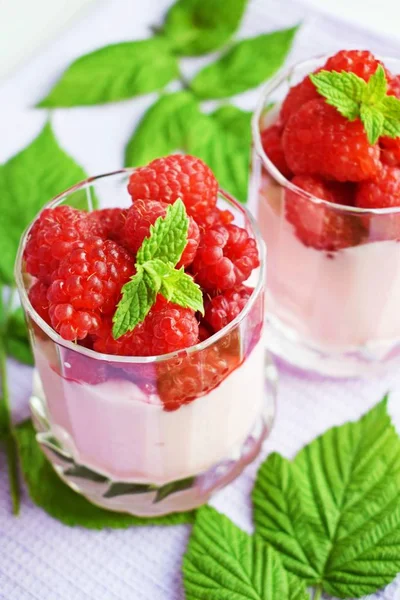 Delicious Dessert Ripe Raspberries Healthy Diet — Stock Photo, Image