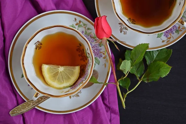 Fresh Fragrant Tea Lemon Beautiful Cup Black Background — Stock Photo, Image