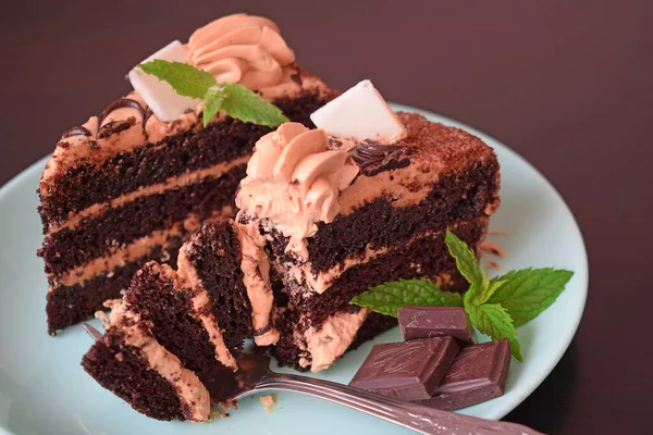 Delicious Chocolate Cake Cream Filling Sprig Mint Plate — Stock Photo, Image